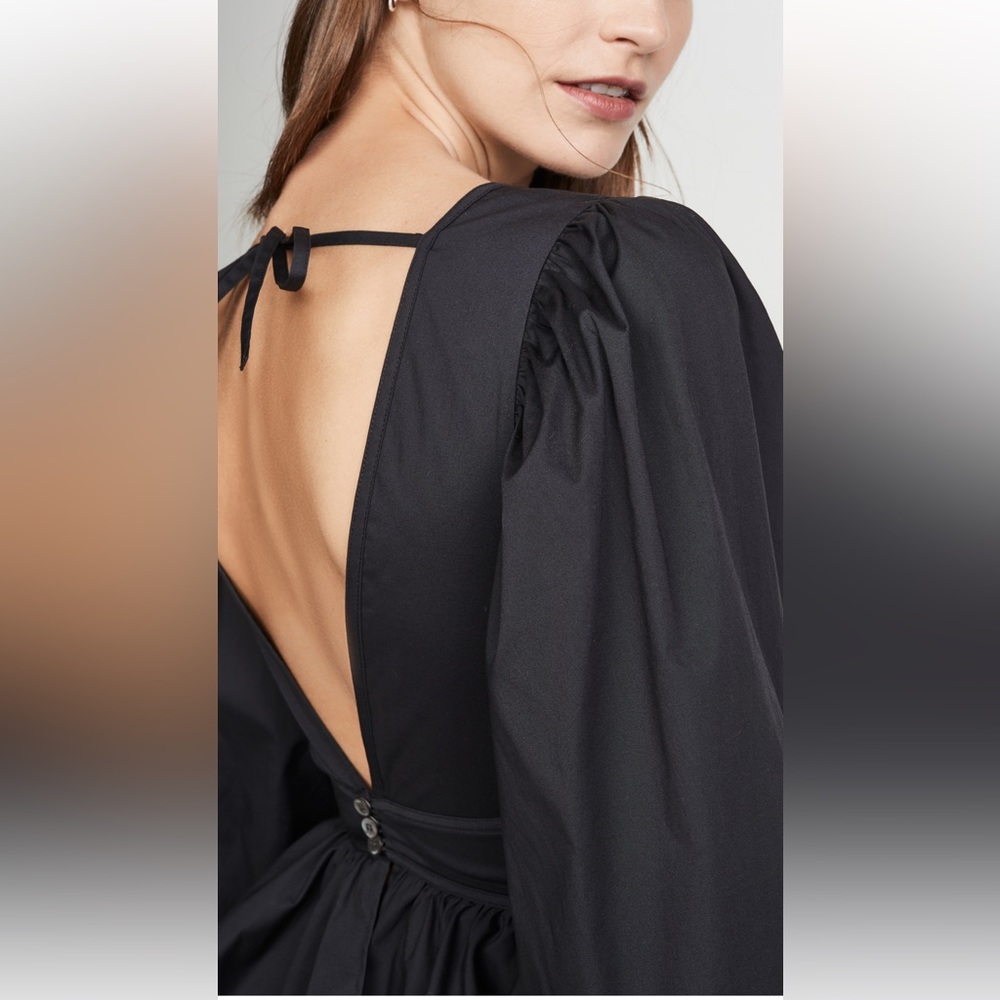 STAUD Luna Top Black Peplum Poplin Bold Sleeve Open Back - Picture 12 of 15